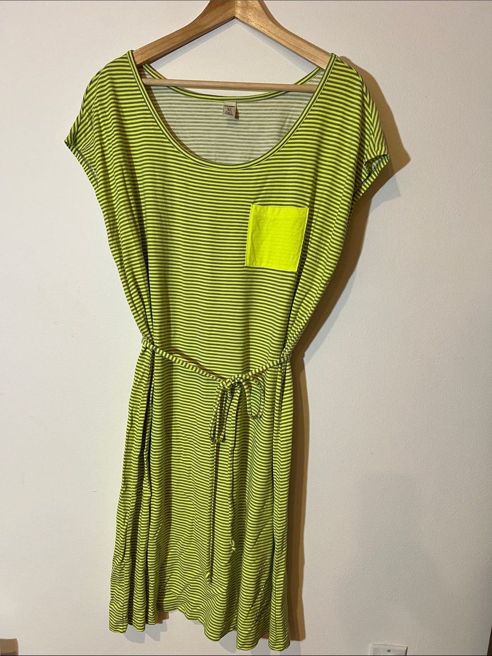 Old Navy Neon Yellow and Gray Striped Waist-Tie T-Shirt Dress